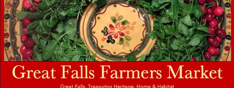 produce photos radishes and greens in a circular pattern Red text overlay Great Falls Farmers Market